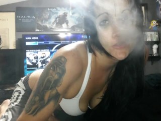 I swallow his cum and vape a huge cloud into the camera with kisses