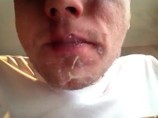 Cum on glass table, lick up and slurp up with a straw, mouth cumplay and sw
