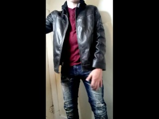 Rubbing my Cock on Leather Jacket with Hood