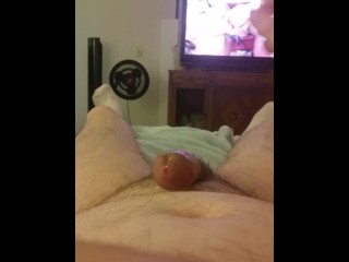 Male masturbation with Fleshlight big cum shot watching TV porn!