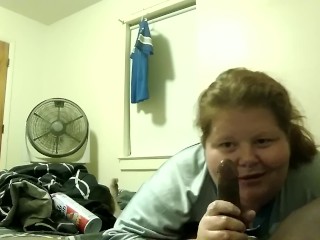 Fat girl gets messy with whip cream and a chocolate dick