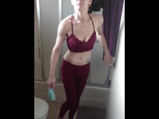 Skinny and pale anorexic wife sucking my cock in the shower after workout