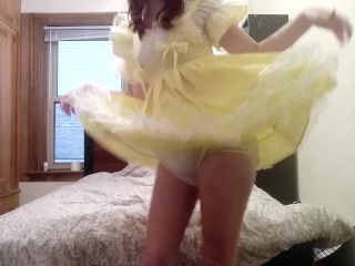 Thick Cloth Diaper with Matching Yellow Plastic Panties and Frilly Dress