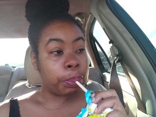 Ebony Big Lips Sucking Ice cream Pop Outside in Car - Cami Creams