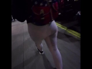 Candid see through white leggings walking through city (Part 1)