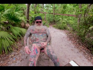 Inked Daddy Bear Stroking and Pissing in the Woods