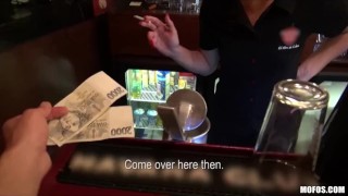 Gorgeous blonde bartender is talked into having sex at work Big redhead
