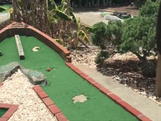 Public Exposed Hot blonde playing PUTT PUTT