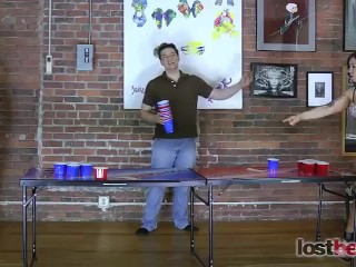 4 Beautiful girls play a game of strip beer pong