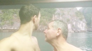 Older Daddy Bareback Fucking His Young Boy on a Boat Nipple tied