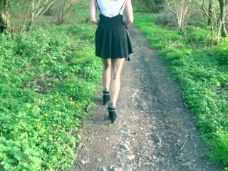 British Slut Wife In French Lace Stockings Stripping Off In The Woods