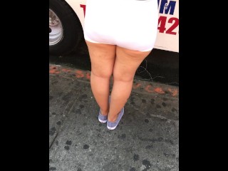 Pulls up dress at taco truck white see through spandex