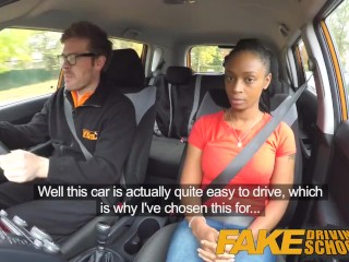 Fake Driving School ebony learner with big tits is worst driver yet