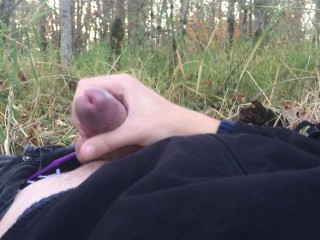 Young twink jerking off, cums in public park