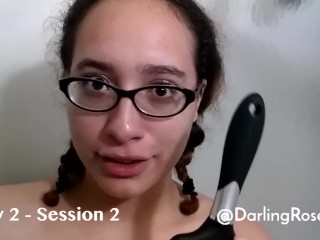 Cute nerdy girl in glasses gag reflex training video diary