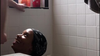 Petite Ebony Teen Takes Massive Cumshot in Shower Cum feet