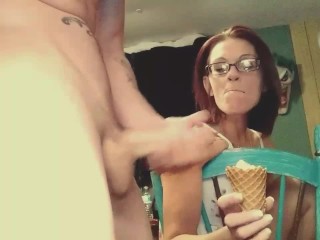 Sexy amateur wife watched me jerk off and has me cum on her ice cream cone