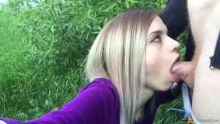 Cums schoolgirl blowjob sloppy on on face nature cum public