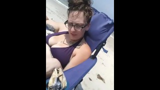 Slut gets super wet touching her hairy pussy at the public beach Blowjob doggy