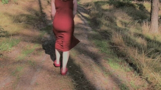 Playful Redhead Pissing in Forest and Showing her Big Boobs Shopping public