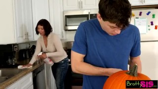 Bratty sis She caught her brother fucking a pumpkin Blonde raw
