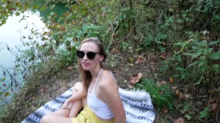 Fucking my happy girlfriend in the woods in her short skirt and sneakers (See more on my OnlyFans!)