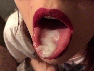 Thick Red Lipstick Blowjob - Teen red lipstick closeup blowjob, cum on tongue and swallow