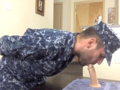 Throat Training a Hogtied Navy Guy