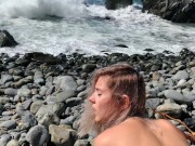 Russian teen girl swallows hot cum on Californian public beach - Eva Elfie