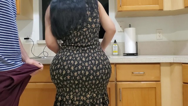 Lustful milf clips - Big ass stepmom fucks her stepson in the kitchen after seeing his big boner