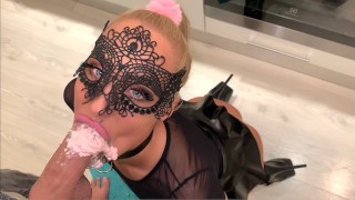 Slim blonde Saliva Bunny enjoys messy food fetish and cock sucking The Splosh Theraphy