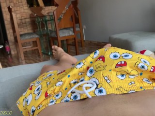 Hot latin guy jerk off in the couch POV till he cums wearing spongebob's pants