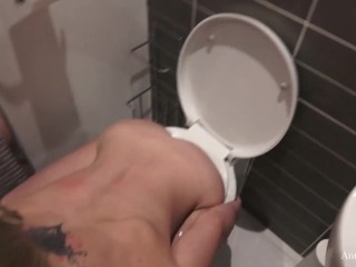 Blonde girl used as a human toilet pissing on her boobs