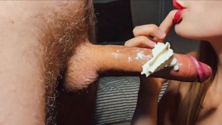 Big cock in whipped cream Close up Blowjob with cum in mouth