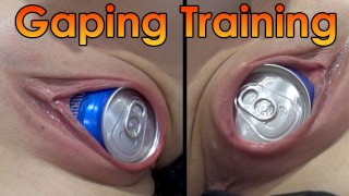 My wife trains stretching her pussy with soda can and coffee can
