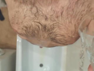 Warm pee on my hairy chubby body