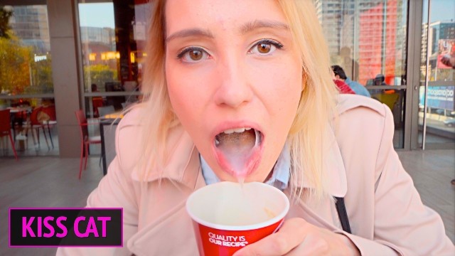 Russian girl tastes coffee with semen after a blowjob in toilet (Kisscat Public)