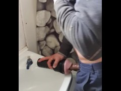 Farm hunk on break pounds fleshlight on bathroom sink till cum