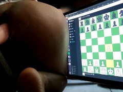 Slutty lingerie sissy in chastity playing chess online while her fucking machine pounds her boipussy