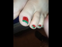 Holiday weekend footjob with watermelon painted toes