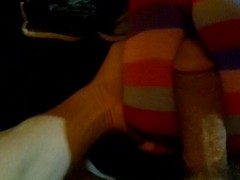 Skittles colored striped toe socks job requiring a white orgasmic blast!