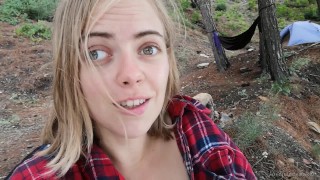 Risky pussy play and creamy cum in the camp near the cliff! Can you stand the power of storm?