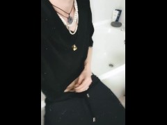 Young twink pissing on his self in bathroom while friends are downstairs