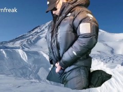 North Face Down Suit Masturbation Ends With Cum Covered Nylon.