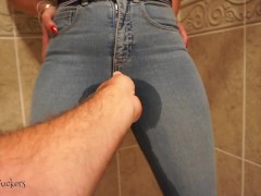 Wife pissing her jeans