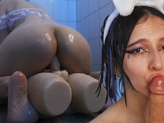 Wet and Messy Asian Girl With Big Ass Ride Dick And Suck Dildo In A Shower - CyberlyCrush