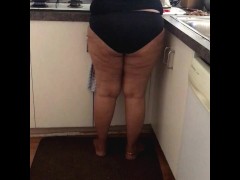 Sexy Brown Housewife Cooking in the Kitchen in Undies | Showing Beauitful Ass