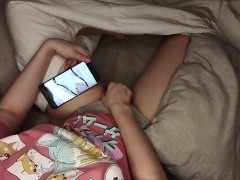 cute schoolgirl masturbates while watching hentai