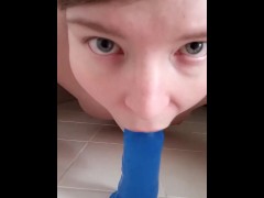 Girl Gives Dildo a Blowjob in the Shower 