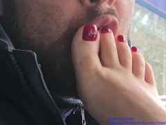 #011 Close-UP Sexy Toes Nympho Goddess FEET (FOOT WORSHIP in car) dark red nails